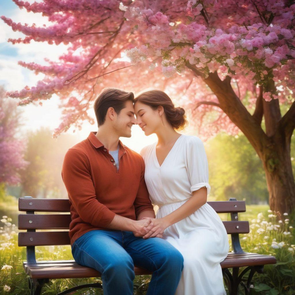 A serene couple sitting on a park bench, surrounded by blooming flowers and soft sunlight shining through the trees, showcasing various stages of romantic bonds like affection and adoration. Visual elements like heart shapes in the clouds and vibrant colors of nature around them symbolize love's growth. The couple should be smiling and sharing a tender moment, embodying warmth and connection. super-realistic. vibrant colors. peaceful atmosphere.