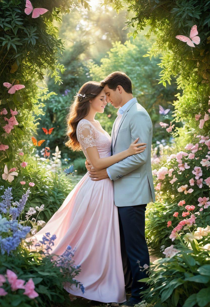 A romantic scene set in a lush, blooming garden, featuring a couple engaged in a gentle, loving embrace, surrounded by flowers symbolizing compassion. Soft sunlight filters through the leaves, creating a warm, inviting atmosphere. Hearts and delicate butterflies flutter around them, symbolizing love and affection. The background is a blend of pastel colors to evoke a sense of tranquility. vibrant colors. soft focus.