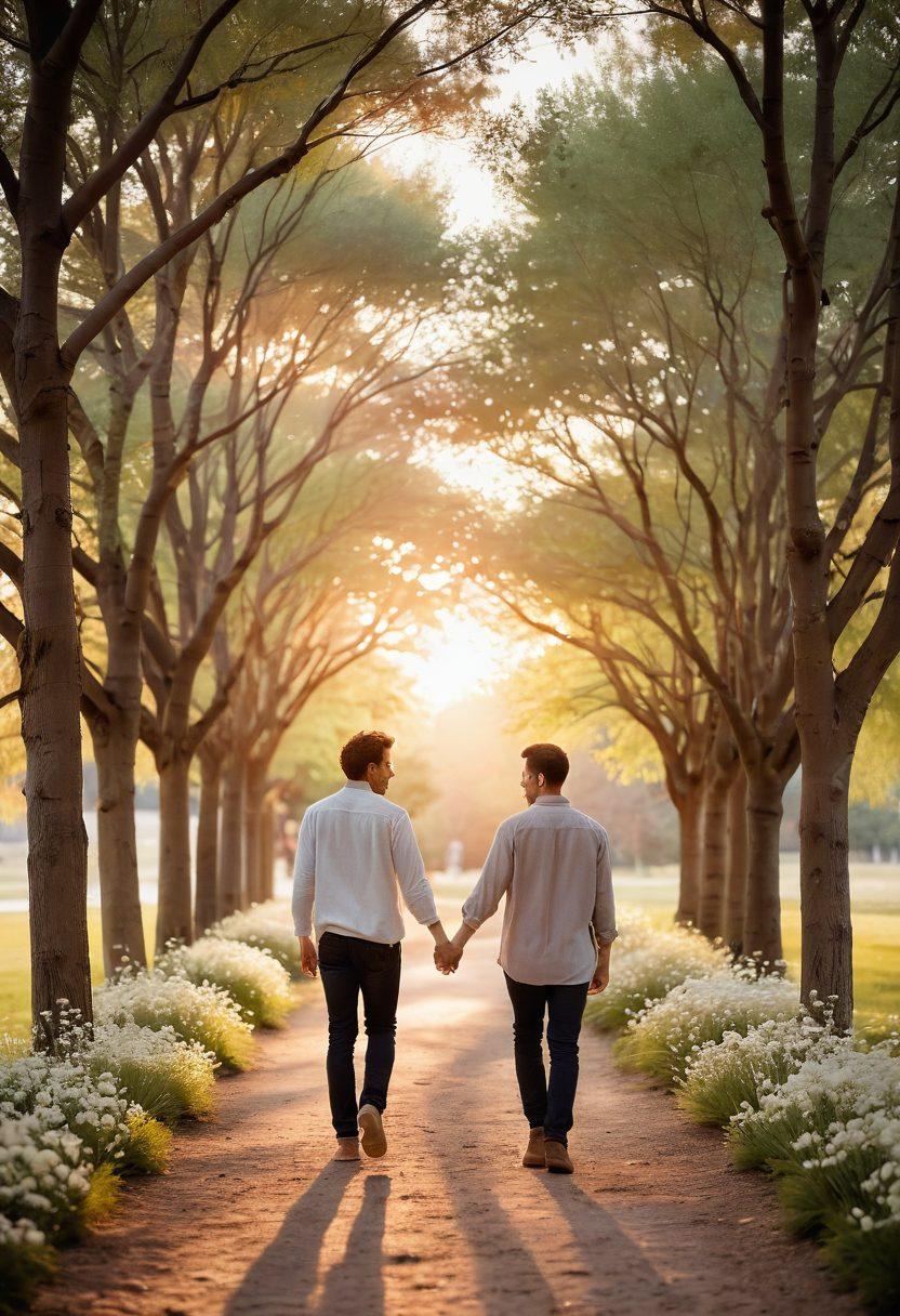 A warm, inviting scene of a couple holding hands while walking along a tree-lined path during sunset. Incorporate elements of nature, like blooming flowers and soft lighting to symbolize romance and growth. Subtle heart shapes floating in the air to represent love and intimacy. Soft focus and pastel colors to evoke a sense of calm and connection. portrait style, romantic, warm tones.